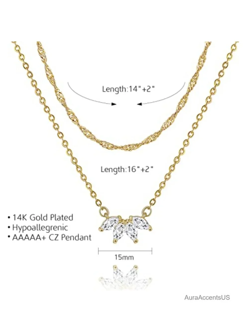 14k Gold Plated Layered CZ Necklace Women Dainty Chain